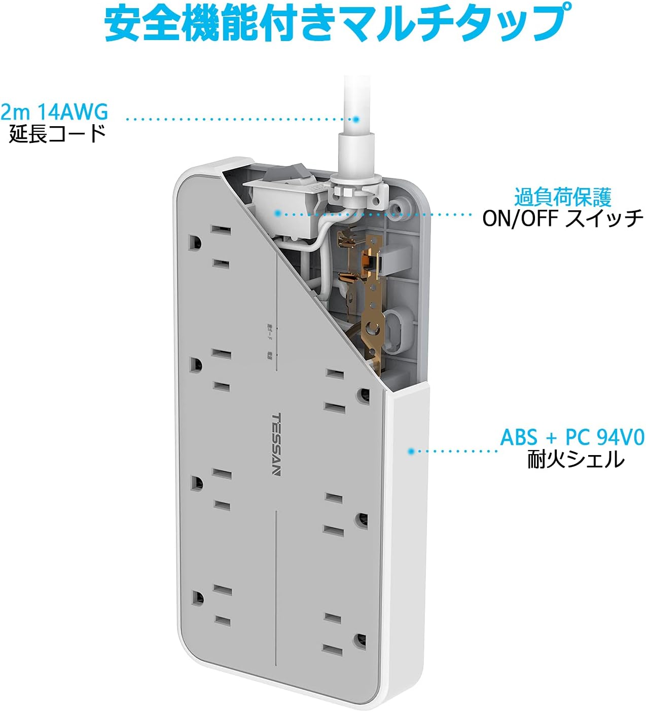 TESSAN 電源タップ 延長コード 2m usb コンセント 8個AC口 3USBポート