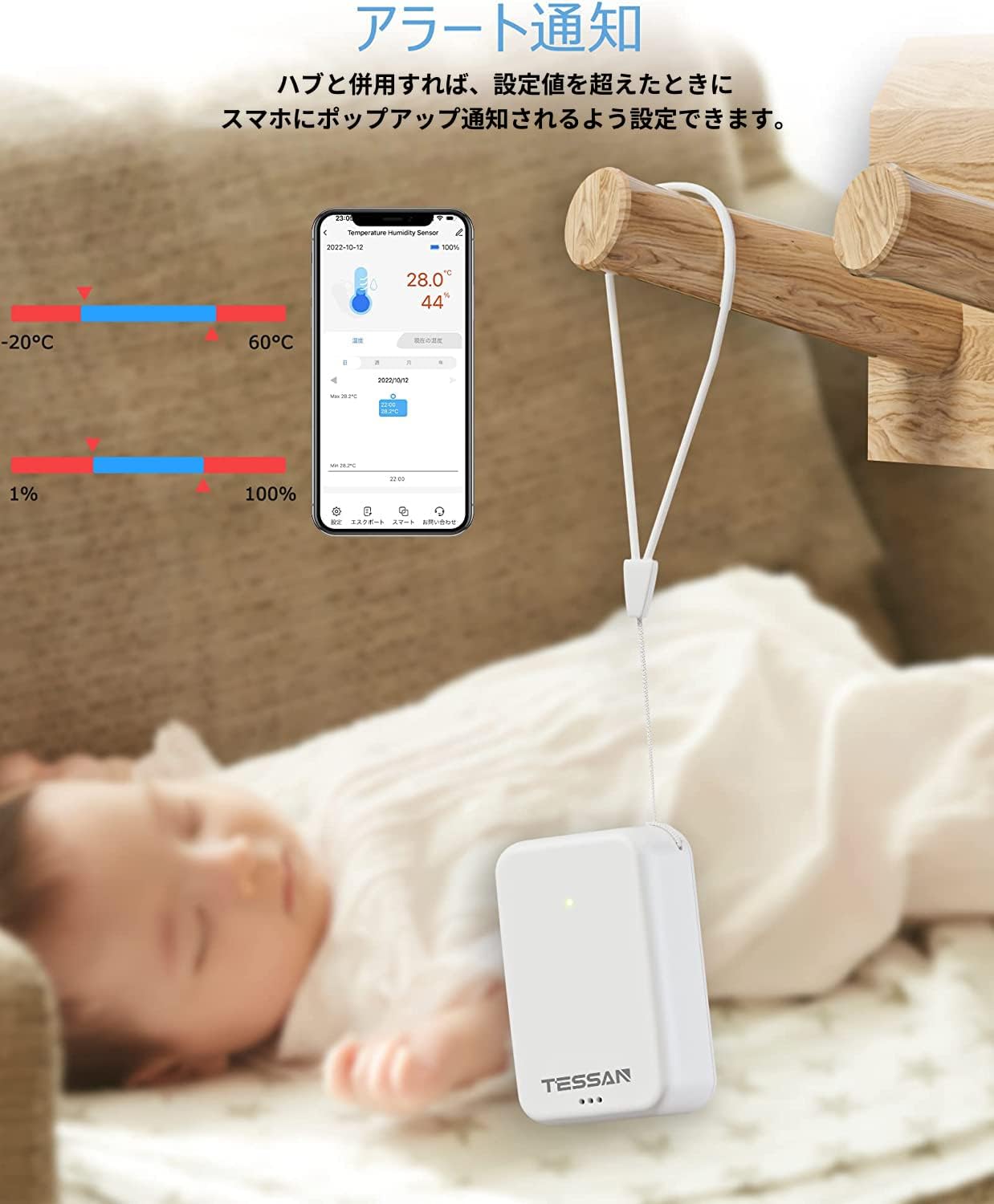 TESSAN bluetooth温度計 湿度計 異常通知 遠隔操作 データ保存 デジタル 高精度