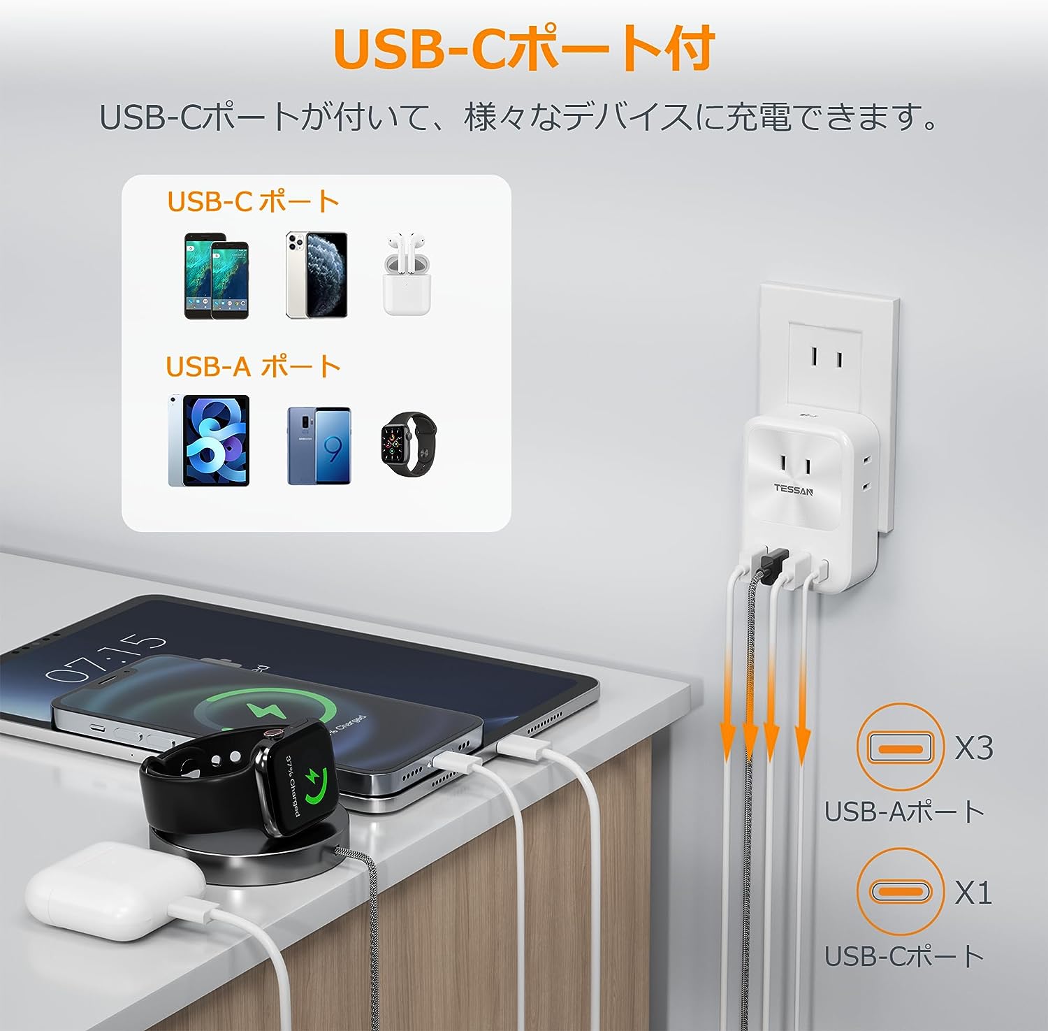 TESSAN 電源タップ USB-C付き 3個AC口 3個USB-Aポート 1個Type-Cポート