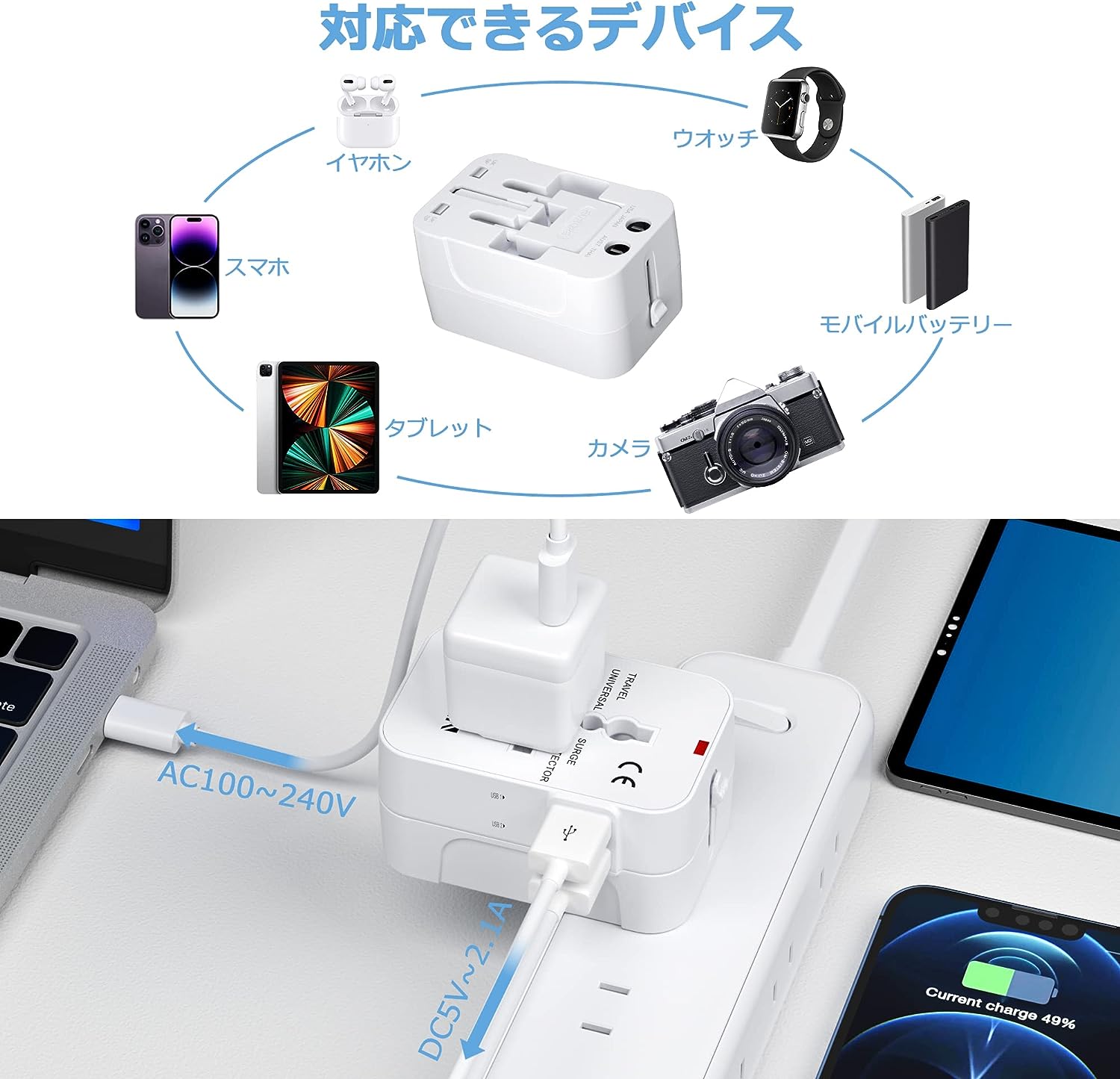 TESSAN 韓国 コンセント変換プラグ 旅行用電源変換プラグ 全世界対応 2USB-Aポート 1ACコンセント