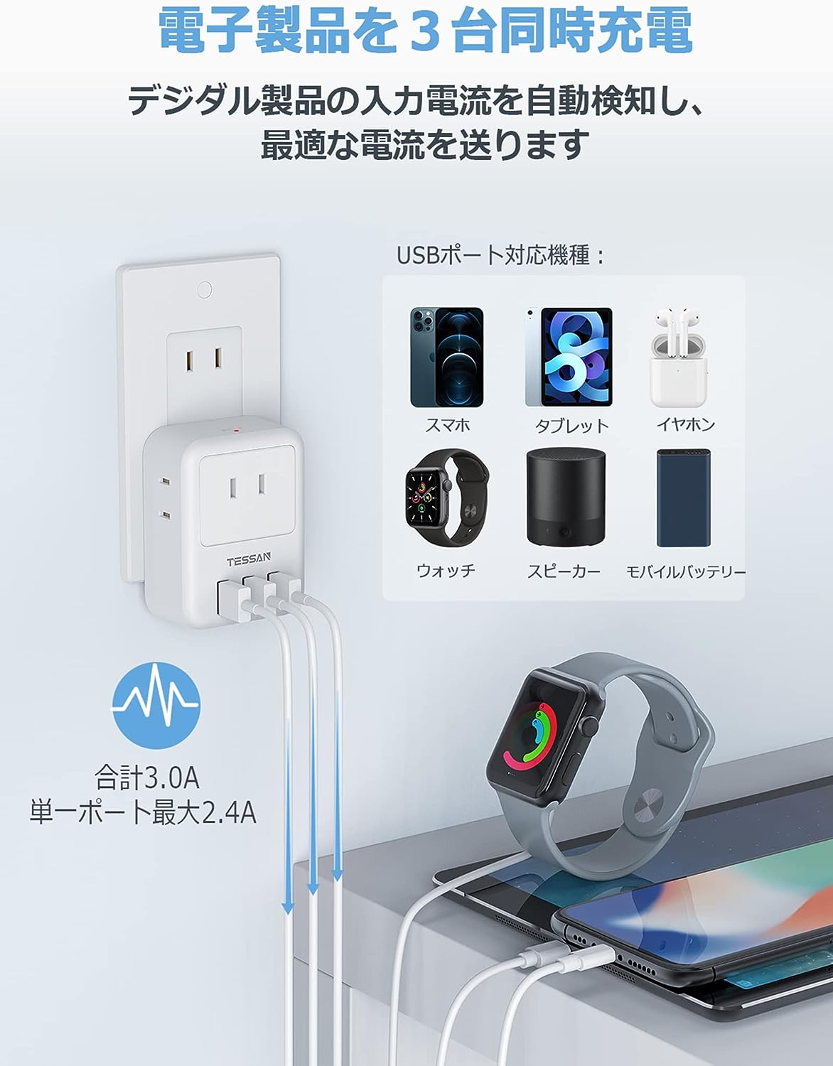 TESSAN 電源タップ usb付き 雷ガード付 3個AC口 3つUSBポート たこあしコンセント 分岐 充電タップ 日本国内使用のみ ホワイト