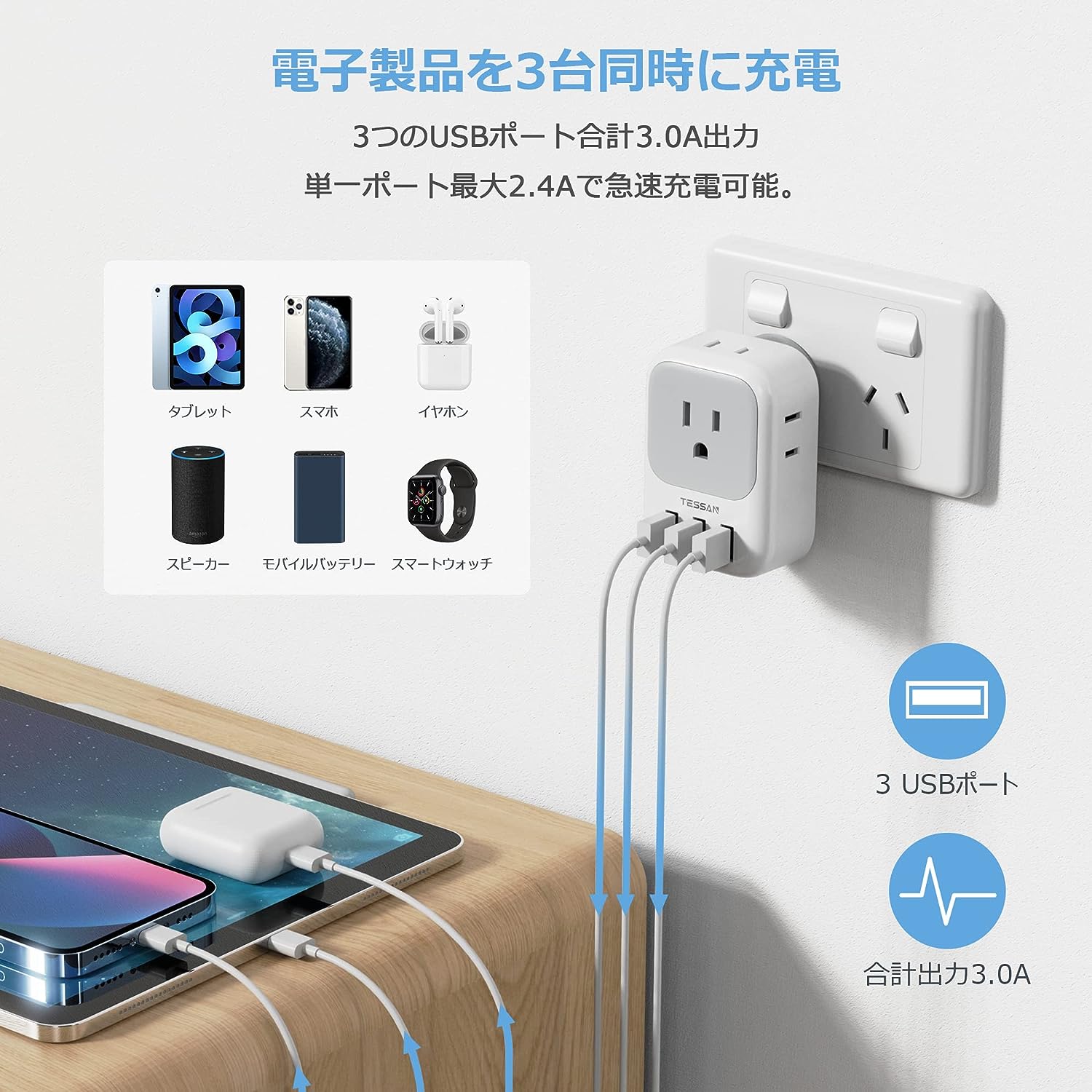 TESSAN 変換プラグ アダプター 海外旅行用 4個AC口 3USBポート