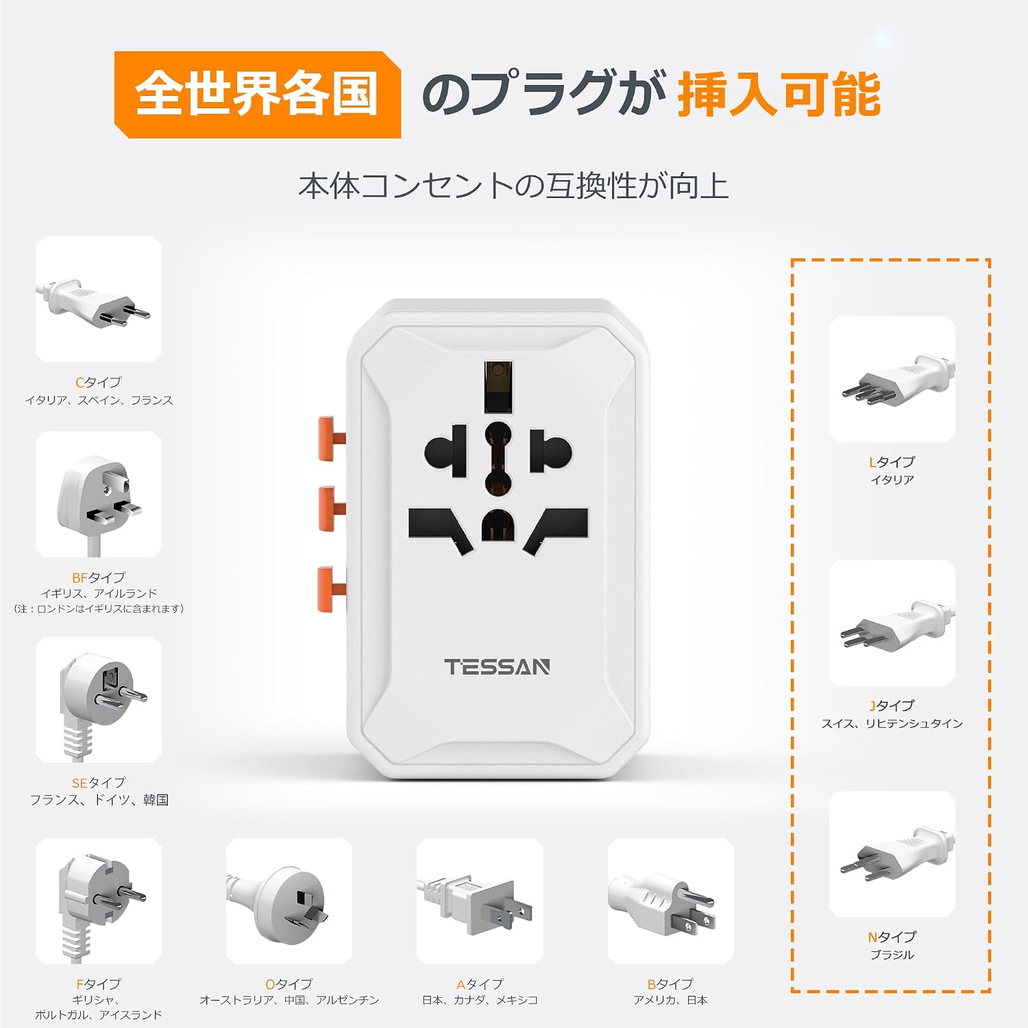 TESSAN 全世界対応マルチ変換プラグ 5USB(USB-C×3)6台同時充電