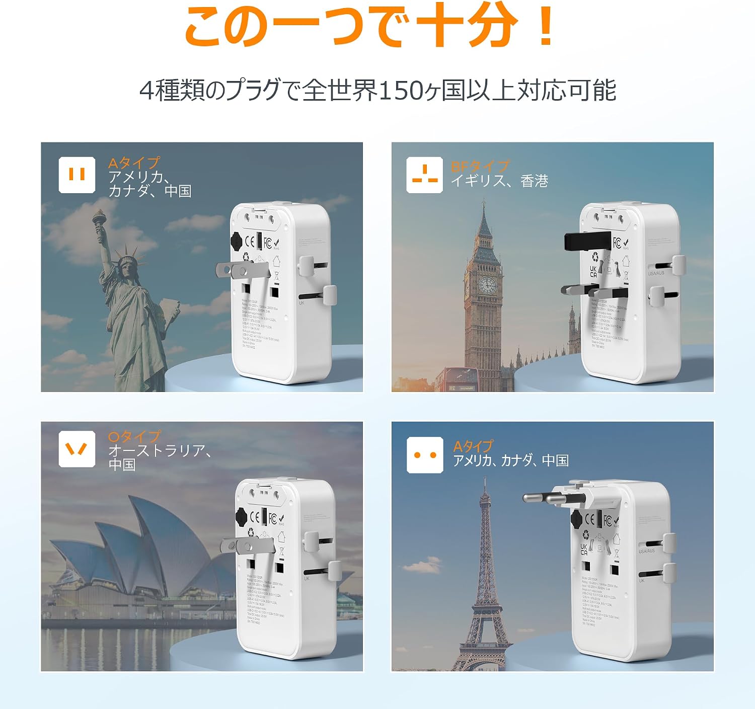 TESSAN 全世界対応 変換プラグ 20W PD急速充電 4-in-1 USB-C×2 USB-A