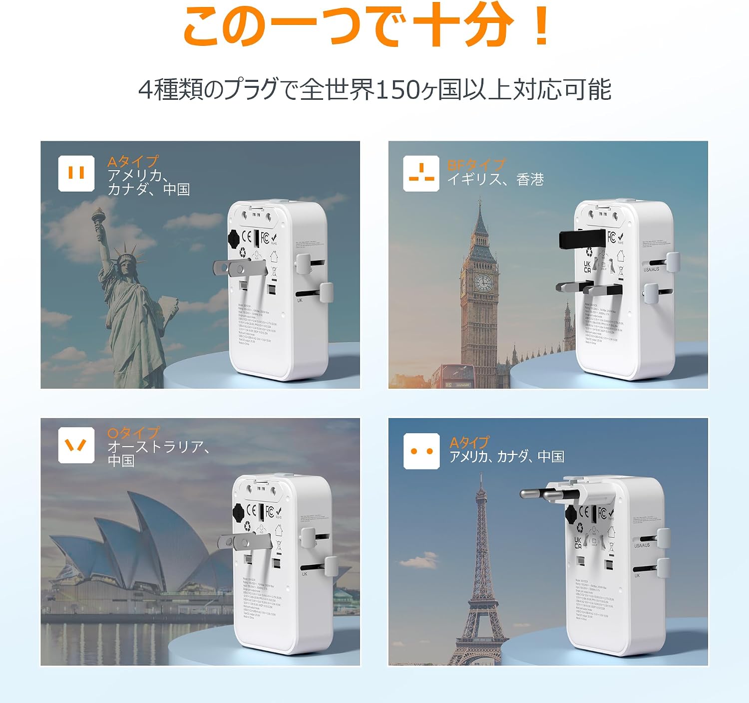 TESSAN 海外変換プラグ 超薄型 PD25W 4USB-C 旅行用