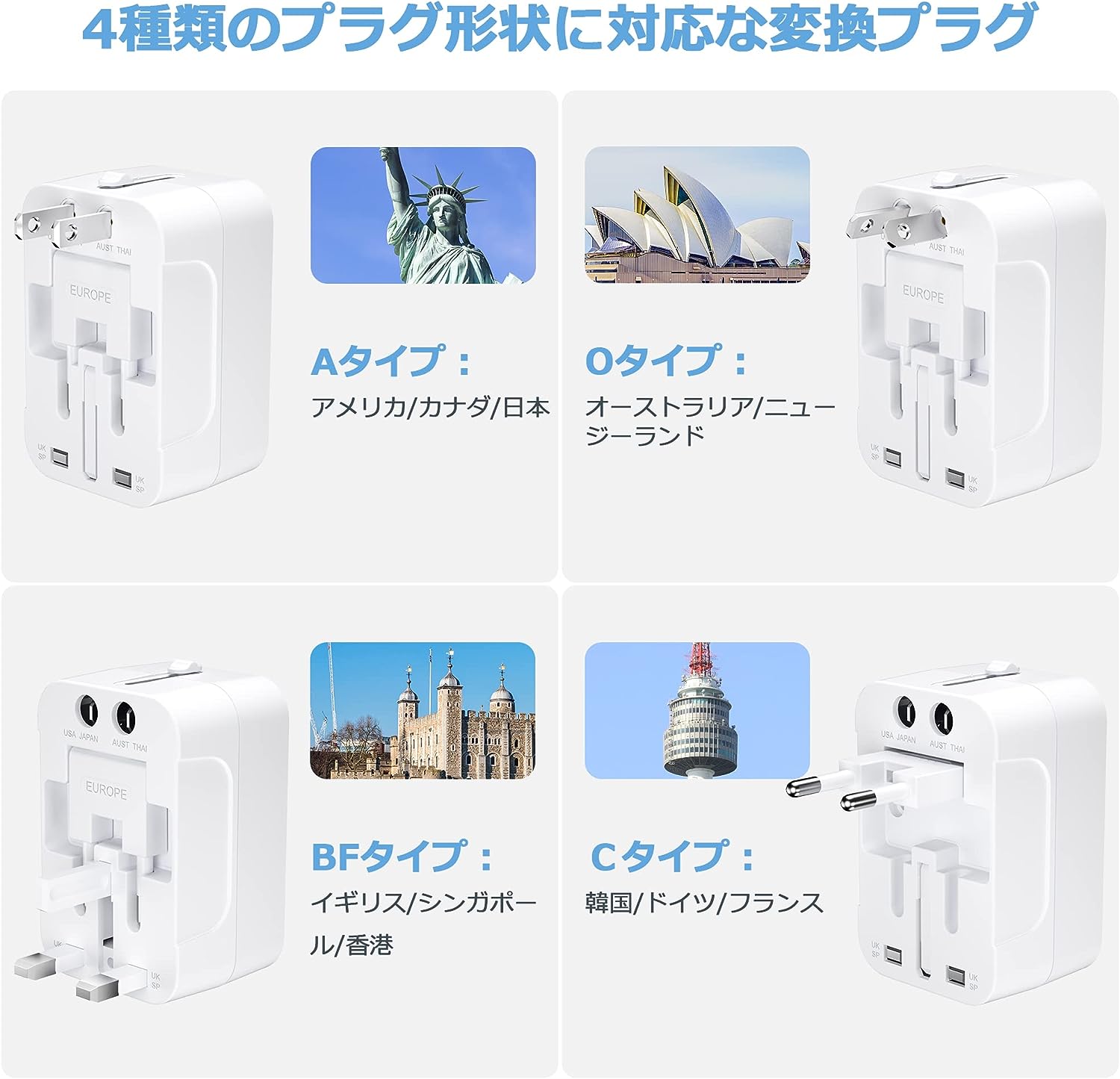 TESSAN 韓国 コンセント変換プラグ 旅行用電源変換プラグ 全世界対応 2USB-Aポート 1ACコンセント