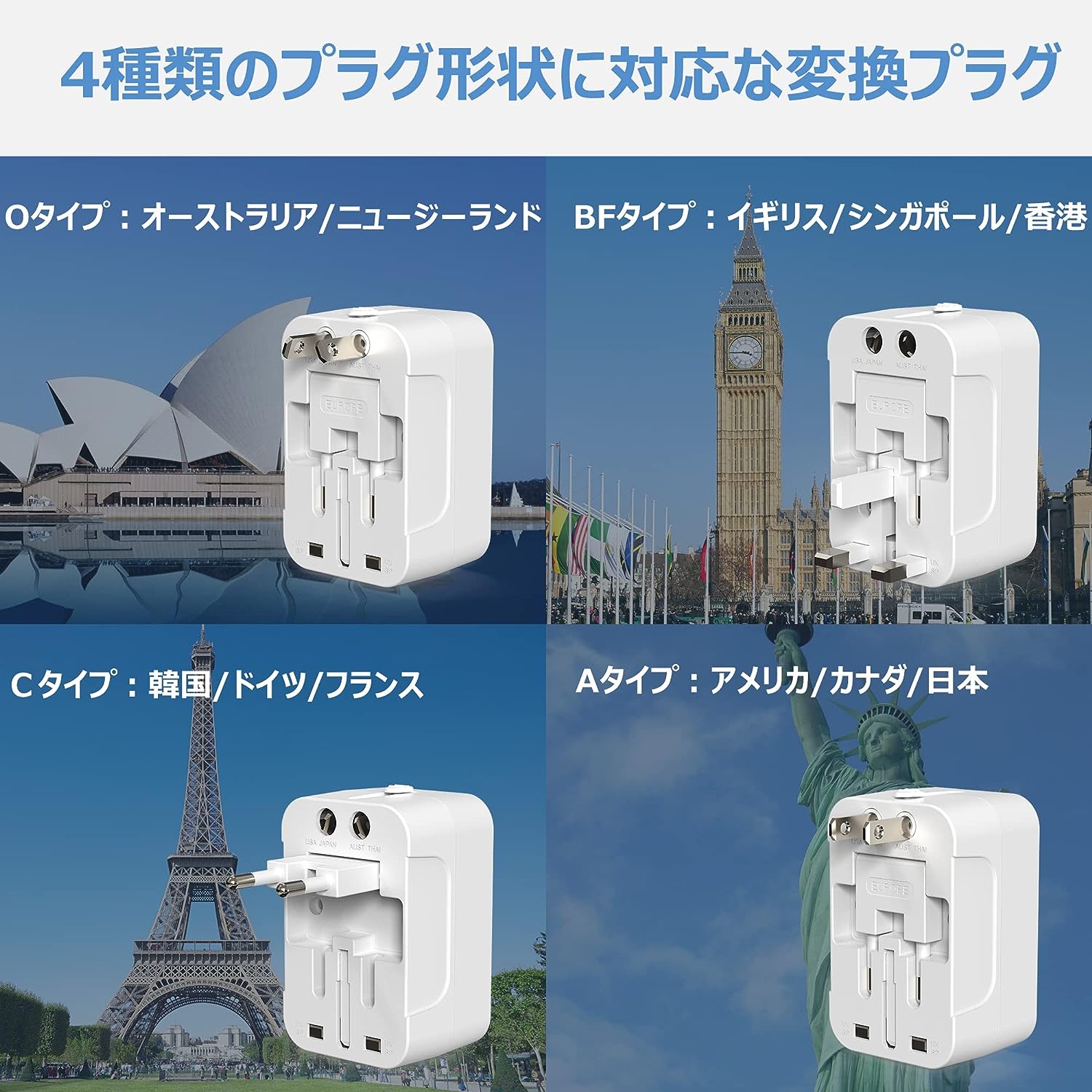 TESSAN 旅行用電源変換プラグ 全世界対応 1USB-Cポート 1USB-Aポート 1ACコンセント