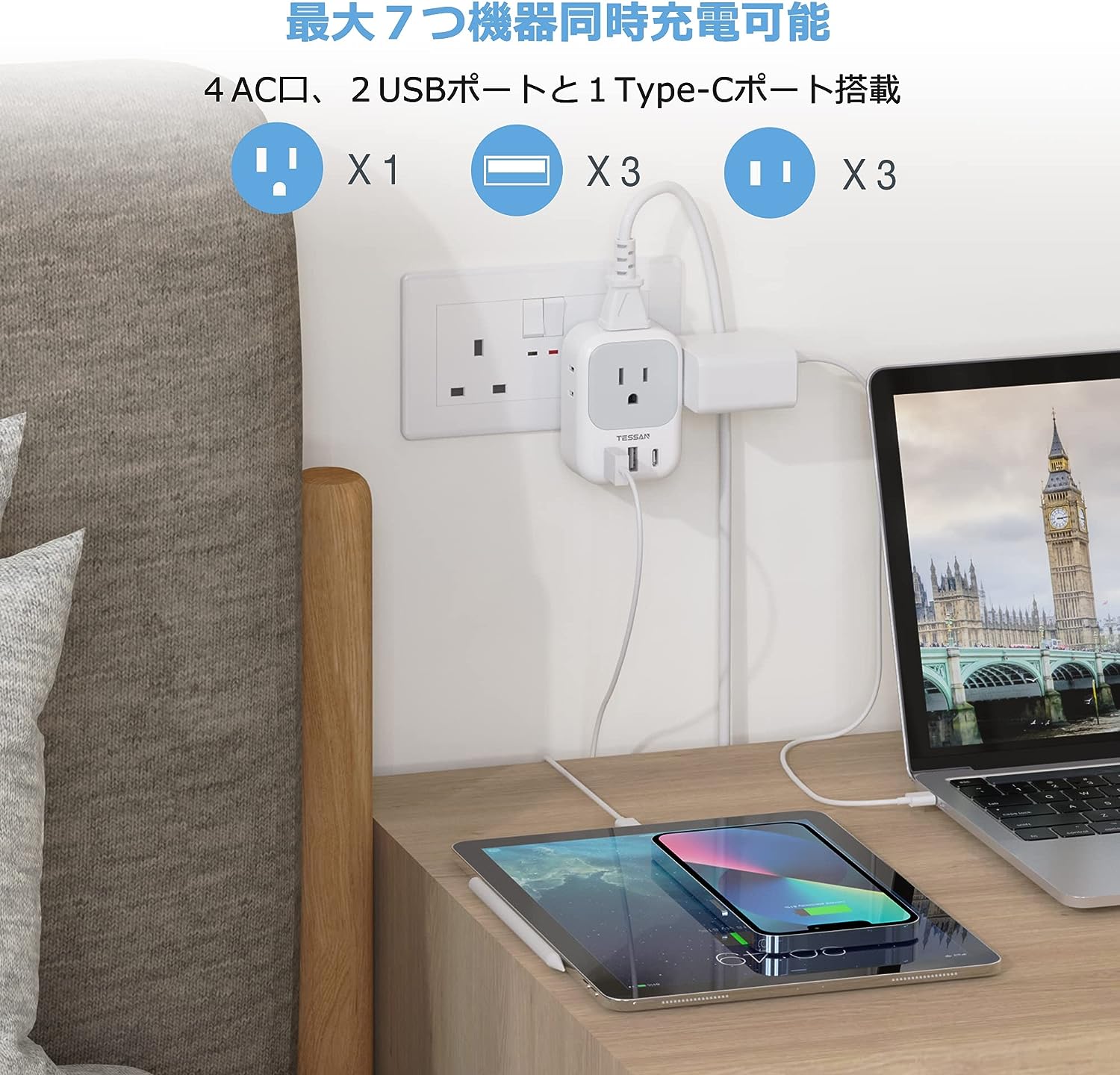 TESSAN 変換プラグ BFタイプ 海外用 コンセント変換 変換器 Type-Cポート付き