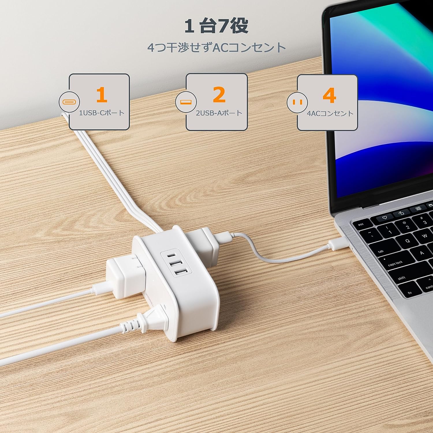 TESSAN 延長コード1m 電源タップ usb付き コンセントタップ 4個AC差込口 1USB-Cポート 2USB-Aポート