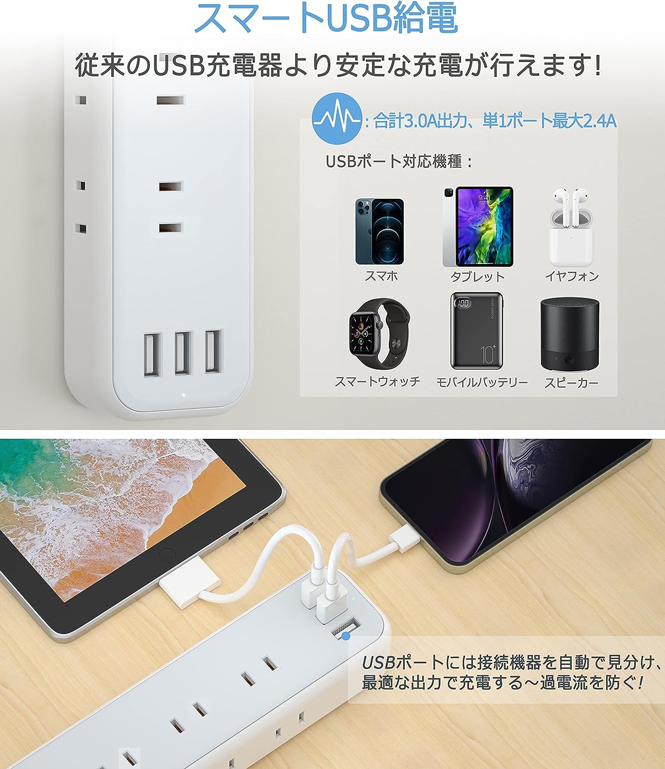 延長コード 2m 電源タップ usb 9個AC口 3個USBポート TESSAN テーブルタップ OAタップ たこあしコンセント 一括スイッチ付き 壁掛け/卓上に
