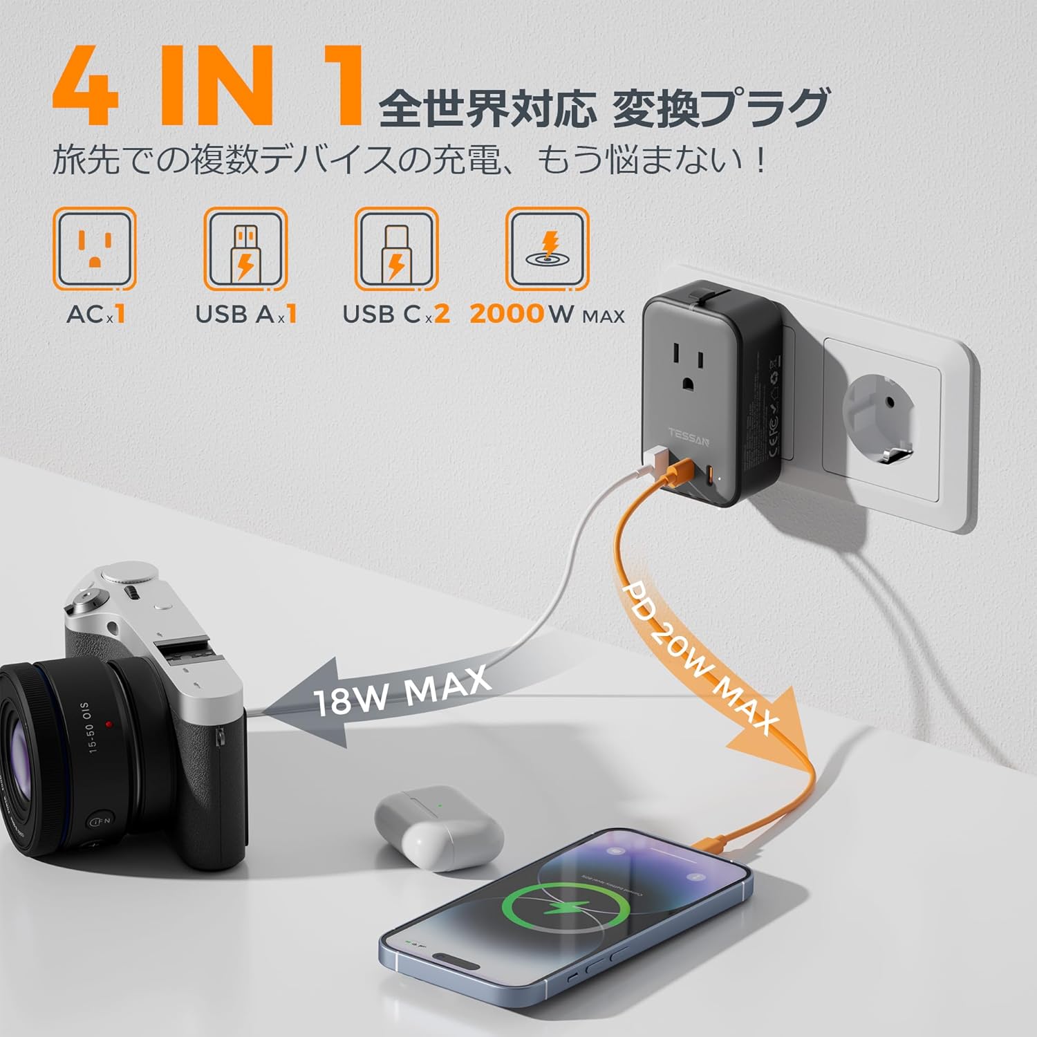 TESSAN 海外変換プラグ 超薄型 4台同時充電 USB-C×2 USB-A×1 全世界対応