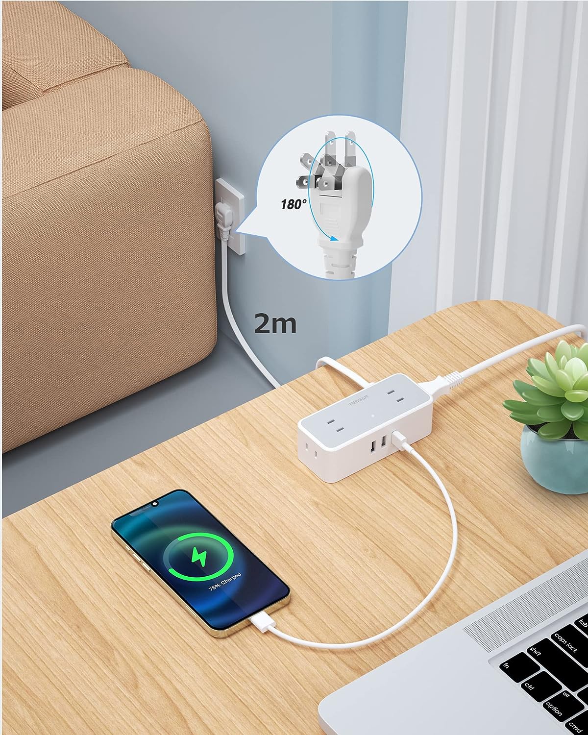 TESSAN USBコンセントタップ 4個AC口 3つUSBポート 電源タップ USB付き 延長コード 2M