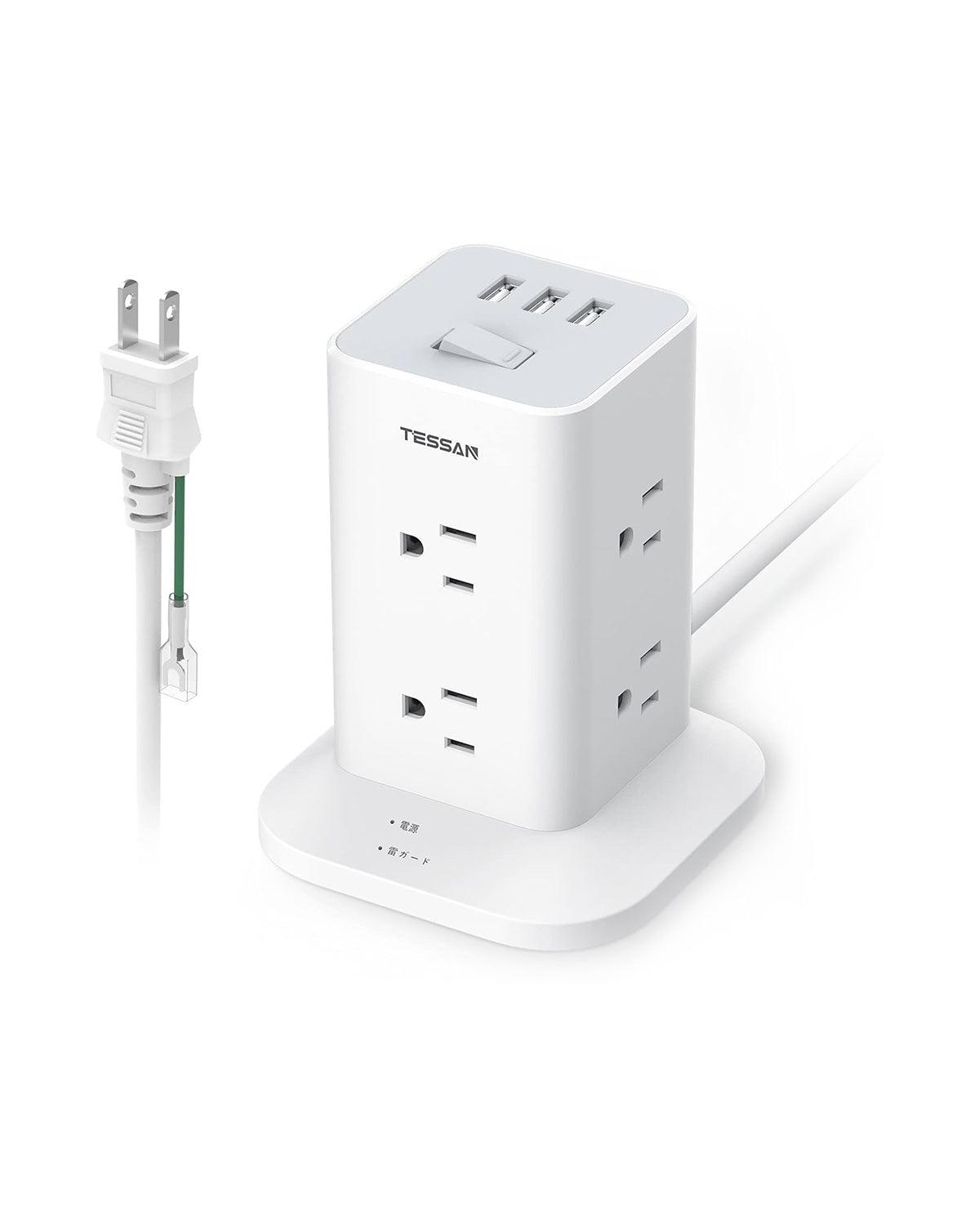 TESSAN 電源タップ タワー mini型 延長コード 2M 8個AC コンセント 3USBポート付き