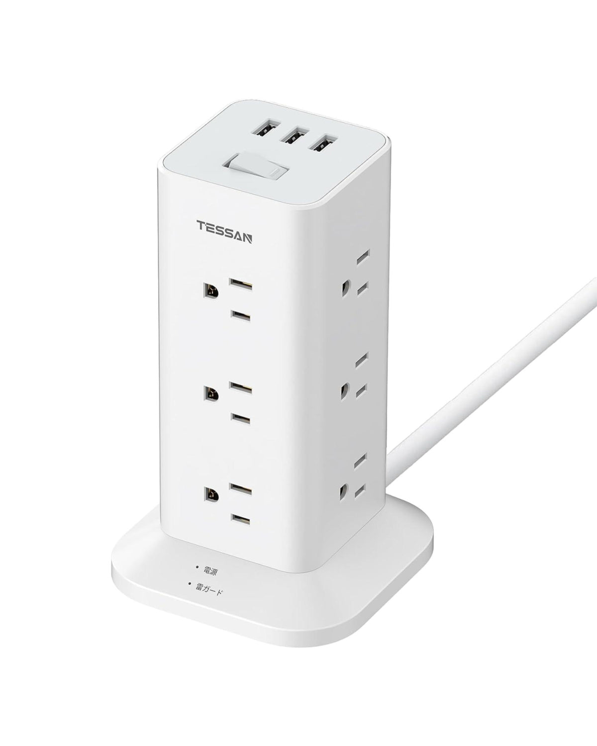 TESSAN 電源タップ タワー 延長コード 2m usb付 12個AC コンセント 3USBポート付 OAタップ