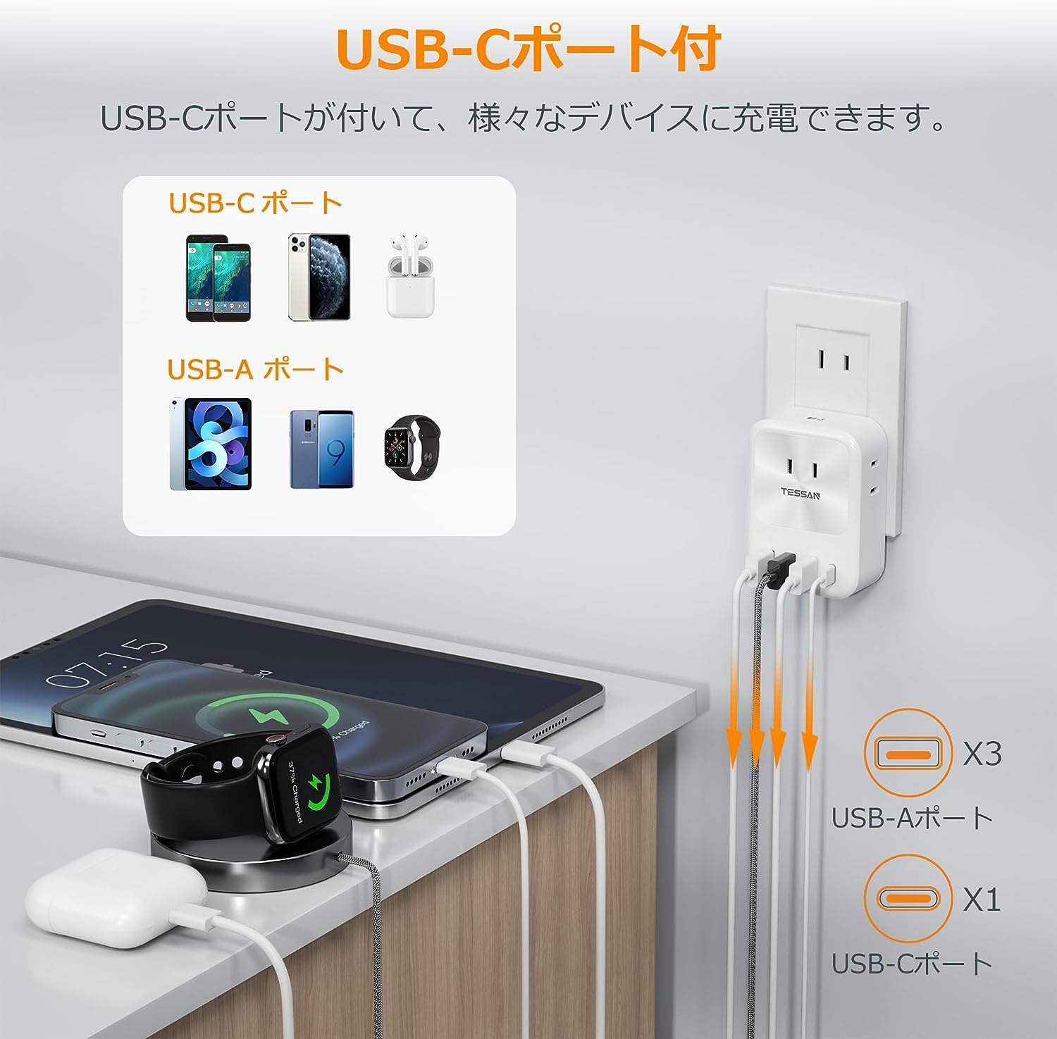 TESSAN 電源タップ USB-C付き 3個AC口 3個USB-Aポート 1