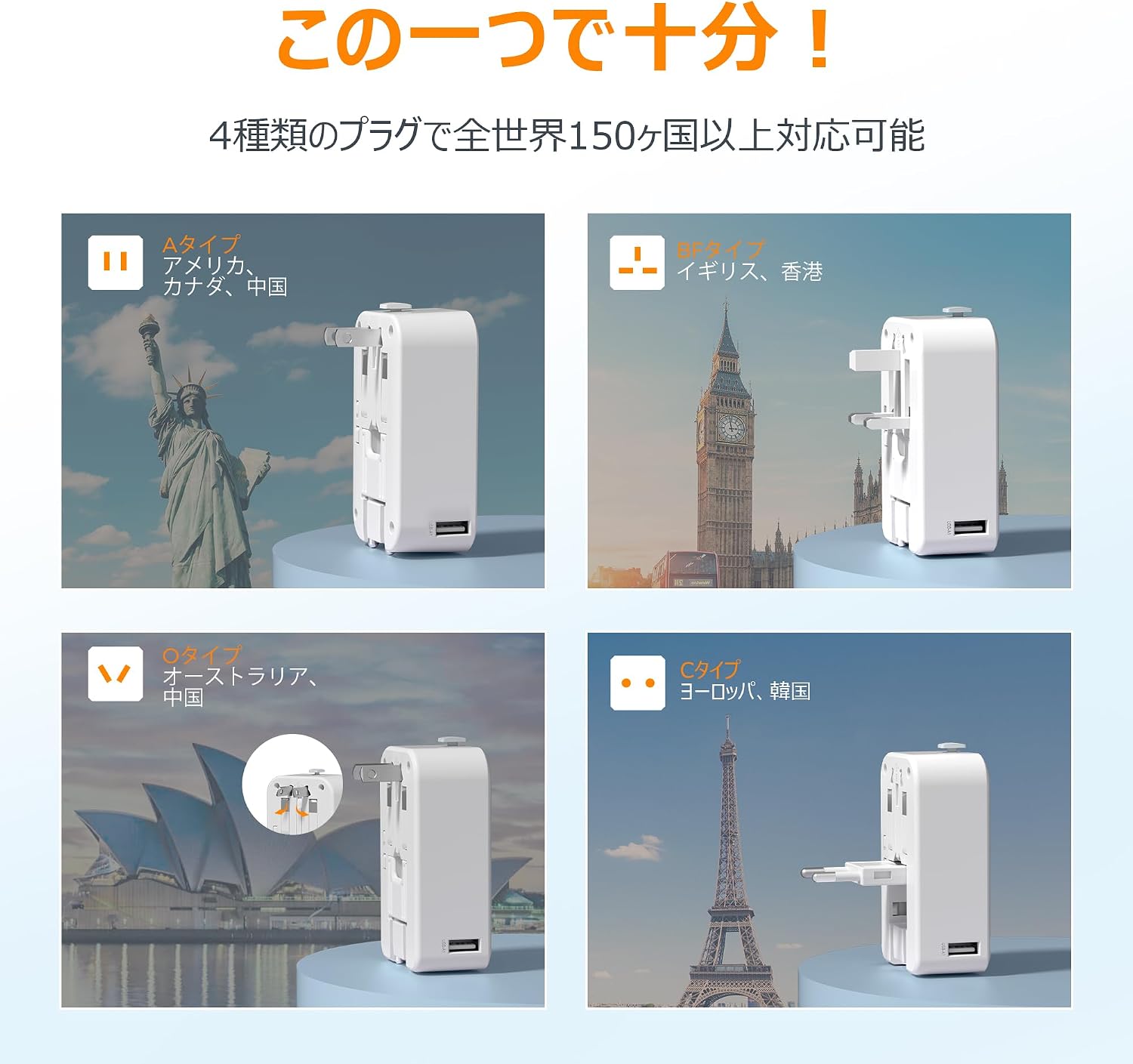 TESSAN 海外対応変換プラグ 45W 急速充電 USB-C×2 / USB-A×2