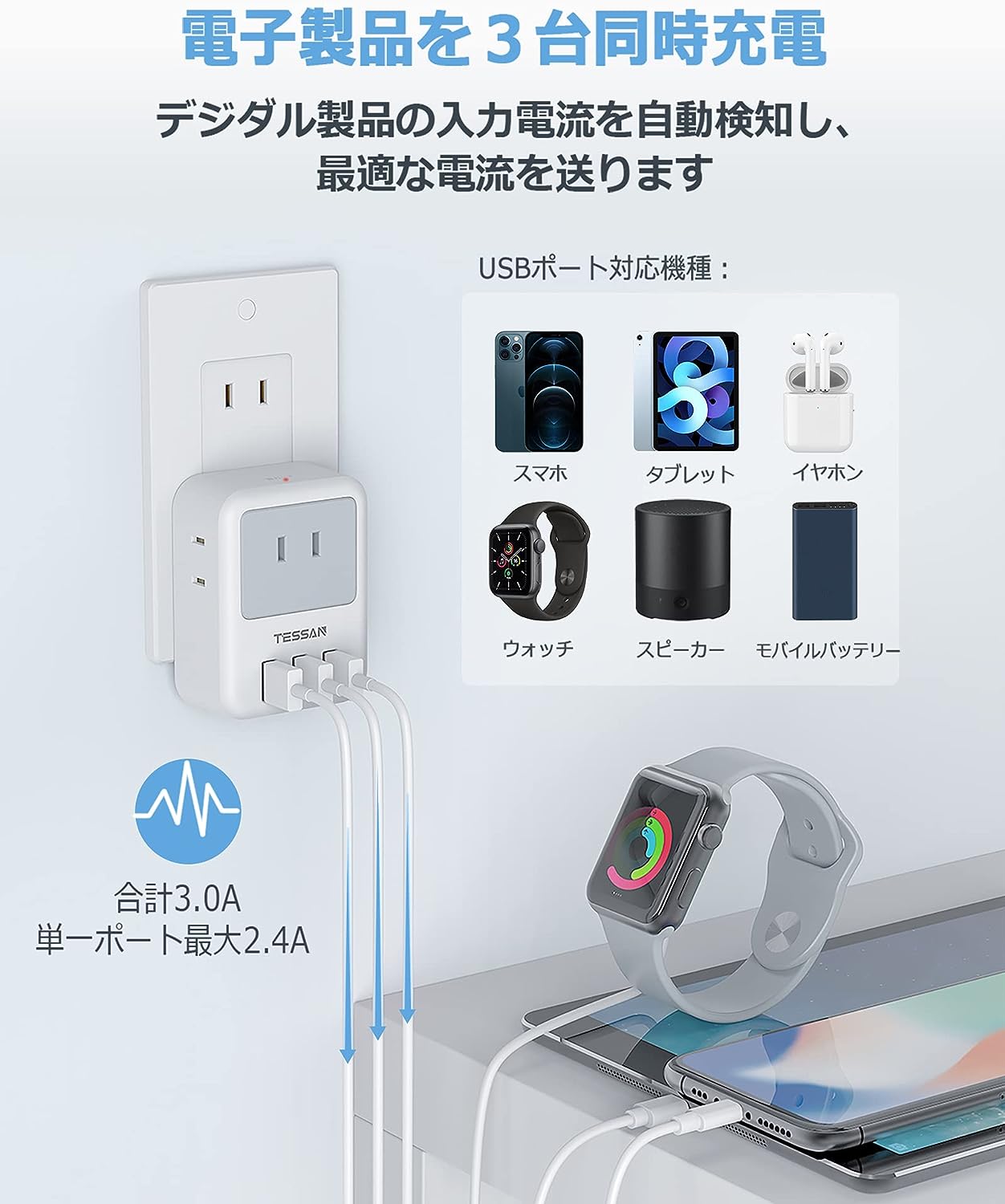 USB コンセント タップ TESSAN 電源タップ 雷ガード付 3個AC口 3つUSB