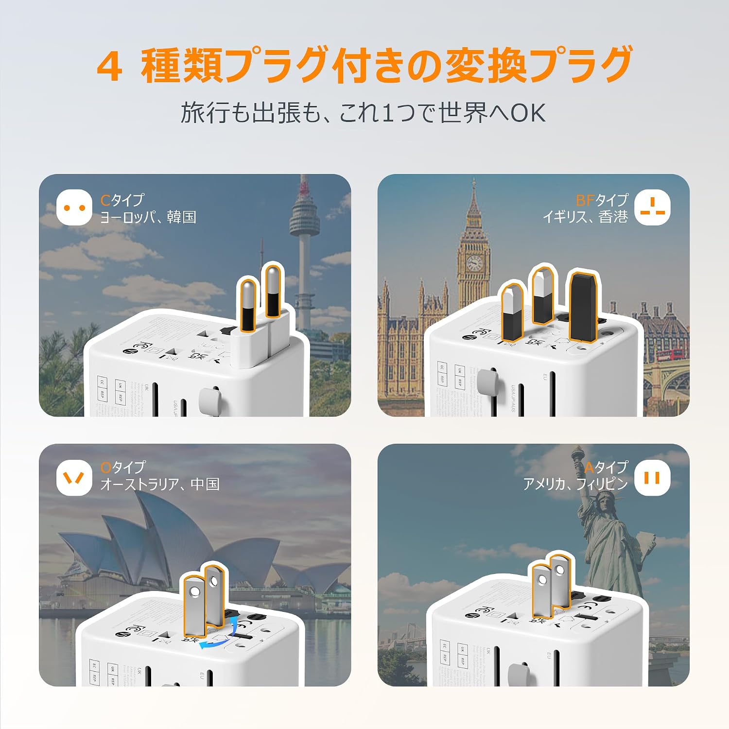 TESSAN 全世界対応ユニバーサル変換プラグ USB-C搭載 5台同時充電