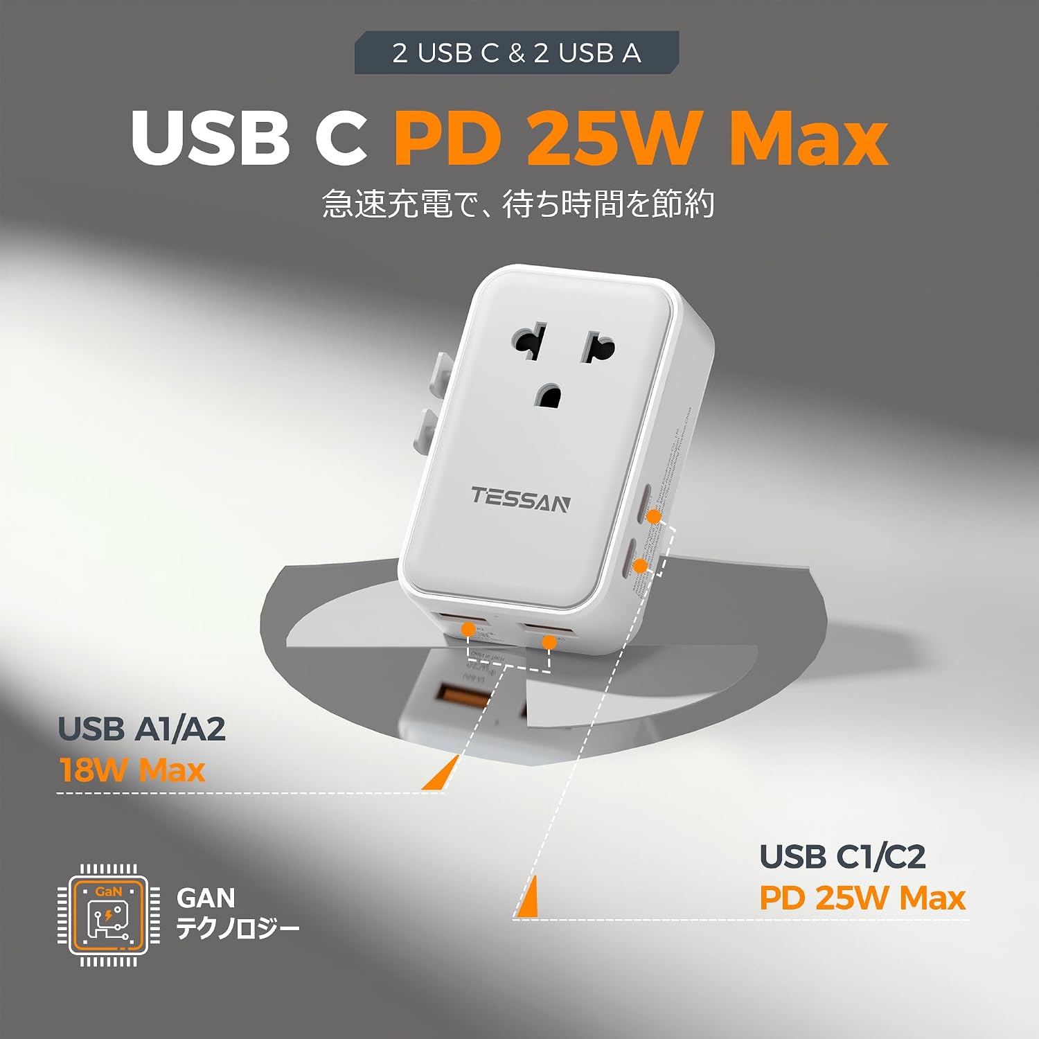 TESSAN 海外変換プラグ 超薄型 PD25W 4USB-C 旅行用