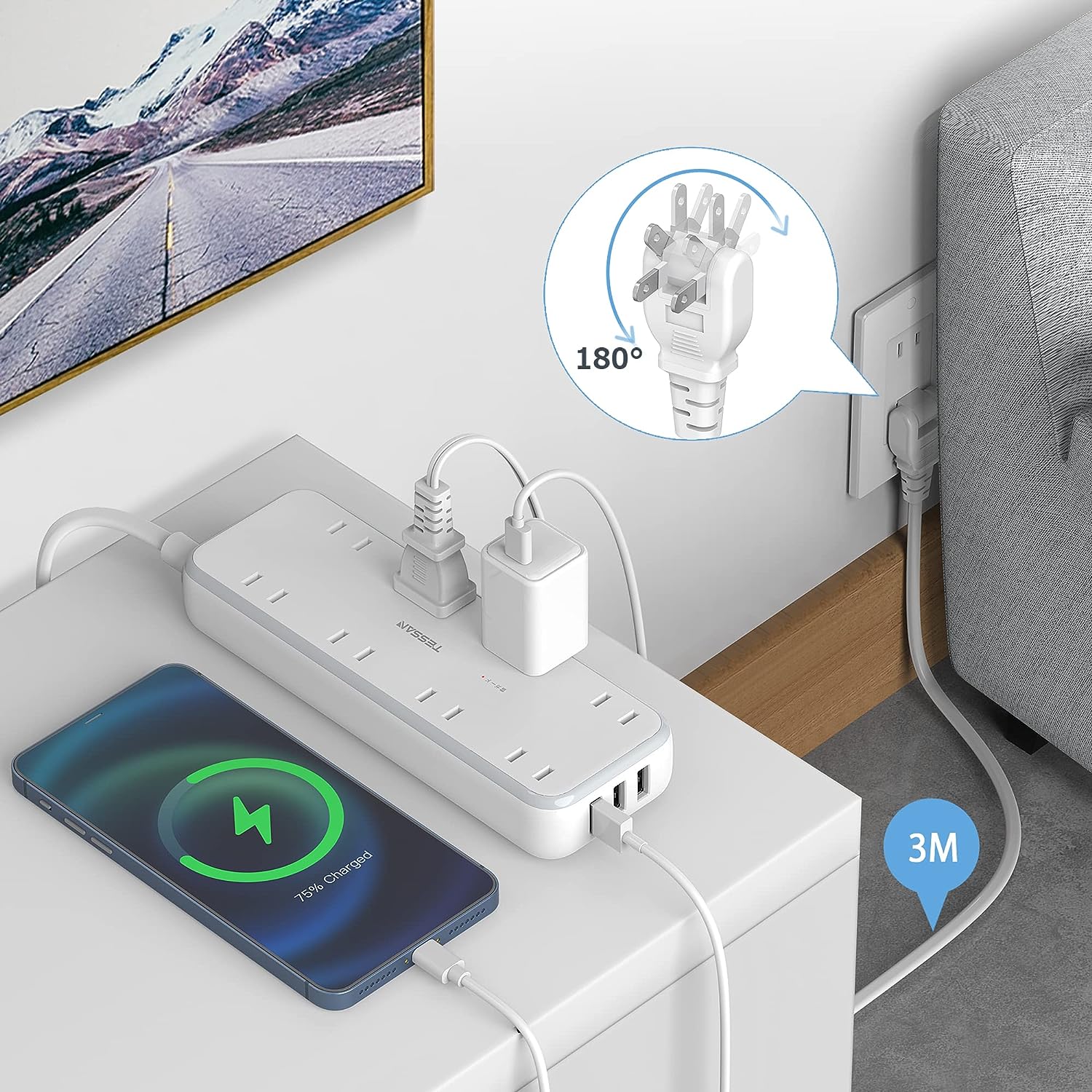 TESSAN 電源タップ usb付き 延長コード 3m 8個AC口 3USBポート