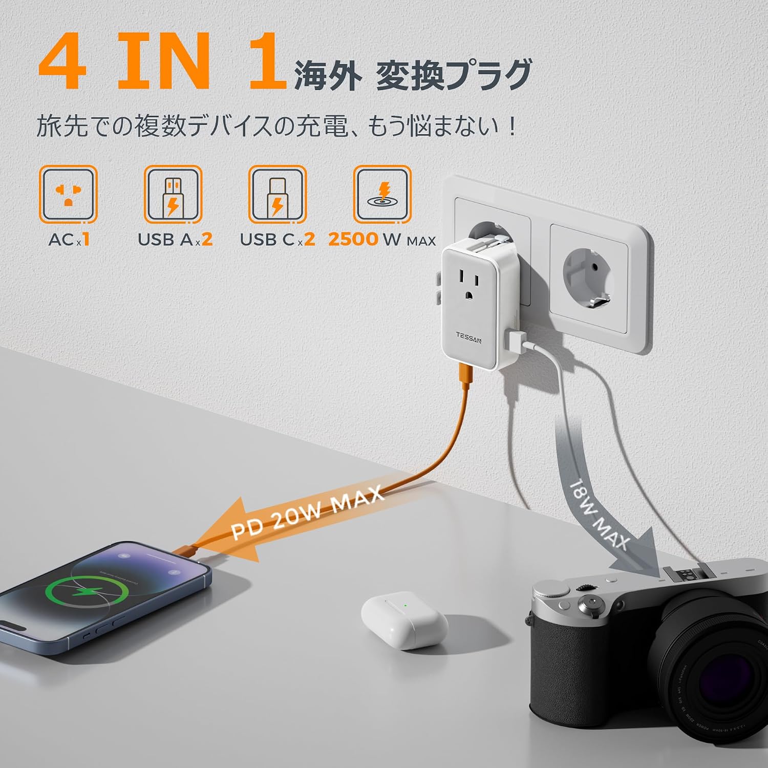 TESSAN 全世界対応 変換プラグ 20W PD急速充電 4-in-1 USB-C×2 USB-A